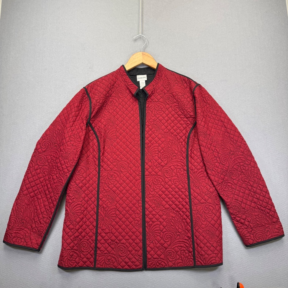 Chicos Red Quilted Paisley Jacket Womens Size 3/XL Open Front Mock Neck Trim